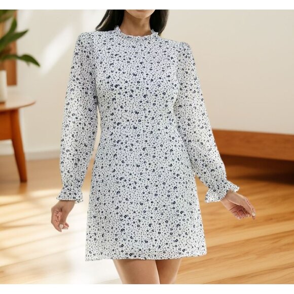 B Darlin Dresses & Skirts - B Darlin Juniors Printed Mock Neck Long Sleeve Dress Cream Navy Size 12 NWT